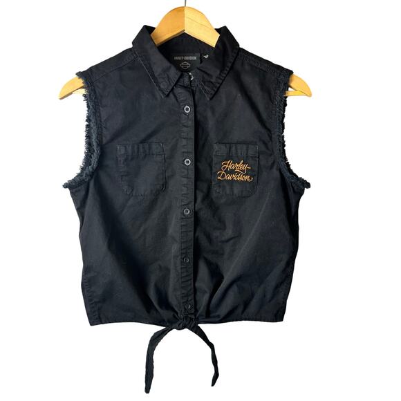 Harley Davidson Vest Women’s Size Small Black Embroidered Fringe Biker Tie Front - Picture 2 of 12